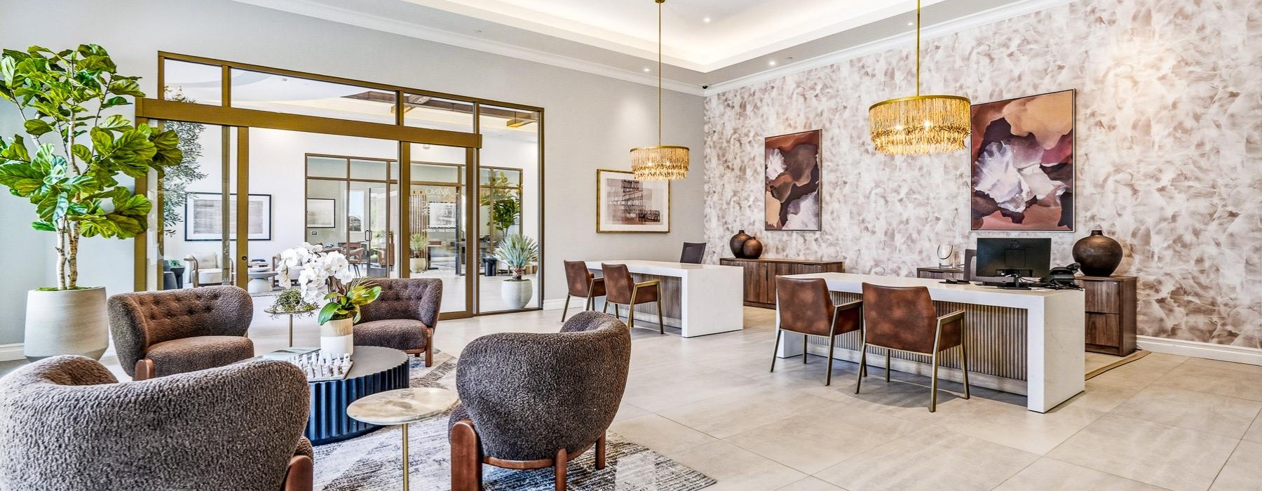 a clubroom with tables and chairs
